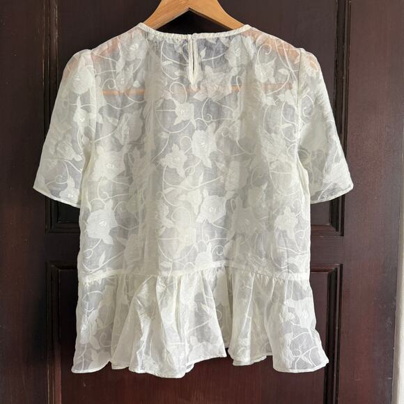 FARROW | White Semi-Sheer Ruffle Detail Floral Boxy Peplum Shirt | Medium - Picture 2 of 6